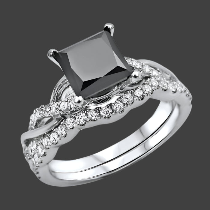 1.50 Carat Black Princess Cut Diamond Engagement Ring Bridal Set 14K White Gold