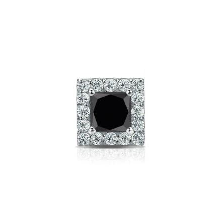14K Solid White Gold Halo Single Princess Cut Black Diamond Stud Earrings 1 ct tw