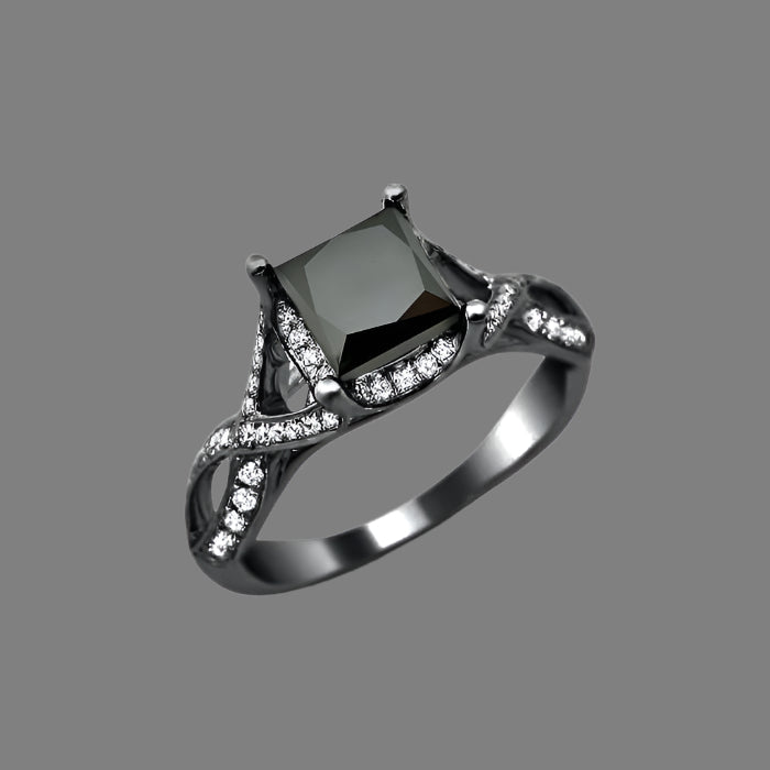 2.50 Carat Black Princess Cut Diamond Engagement Ring 18K Black Gold