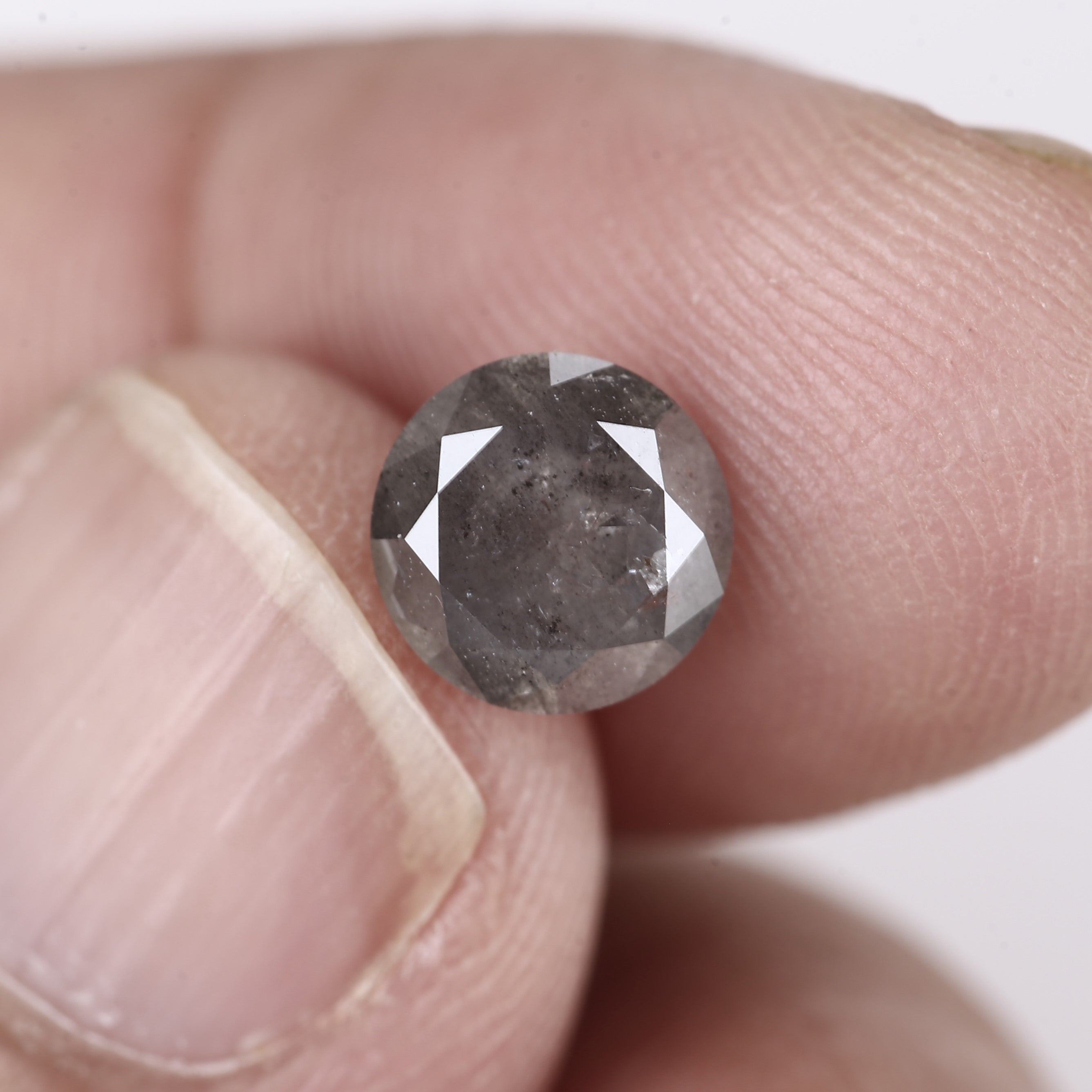1.35 Ct Round Salt and Pepper Diamond, 6.9 MM, Natural Grey Gemstone with Intricate Inclusions.