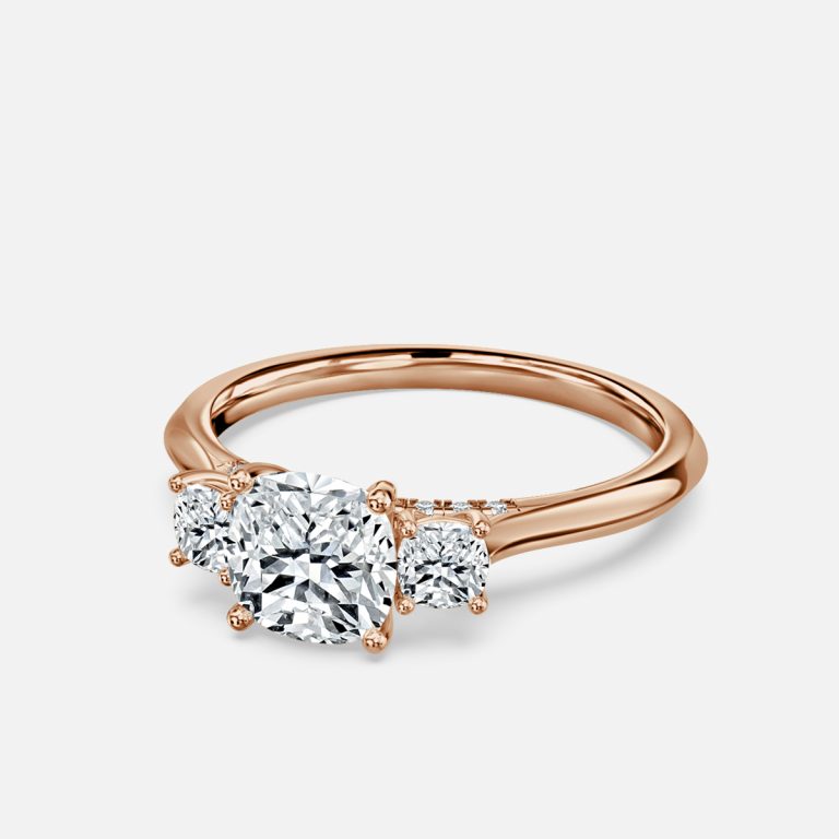 Cae Cushion Three Stone Engagement Ring 14K / 18K Solid Gold