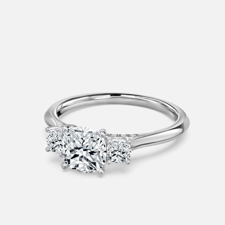 Cae Cushion Three Stone Engagement Ring 14K / 18K Solid Gold