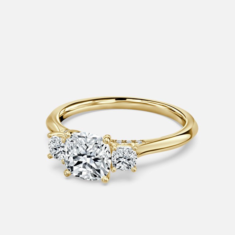 Cae Cushion Three Stone Engagement Ring 14K / 18K Solid Gold