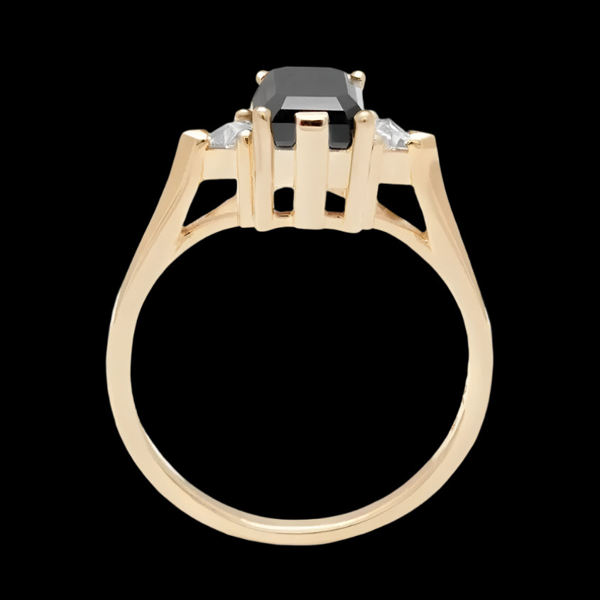 Trillion Three Stone Emerald Black Diamond Ring 14K Rose Gold - Blackdiamond