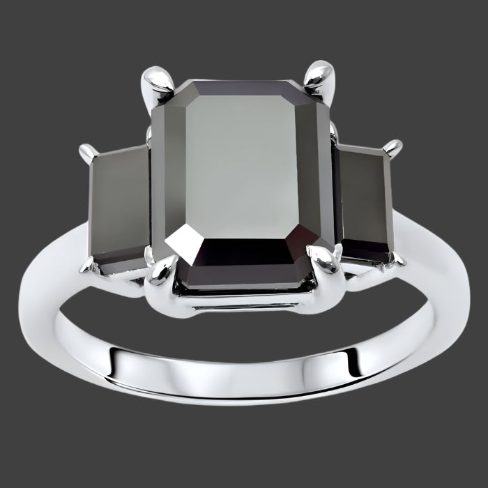 3.50ct Black Emerald Cut Diamond 3 Stone Engagement Ring 14K White Gold