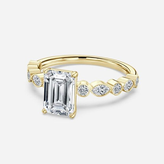 Trine Emerald Unique Diamond Engagement Ring 14K / 18K Solid Gold