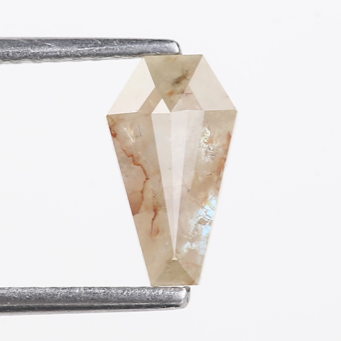 Faceted crystal prism held between two metal rods on a white background
