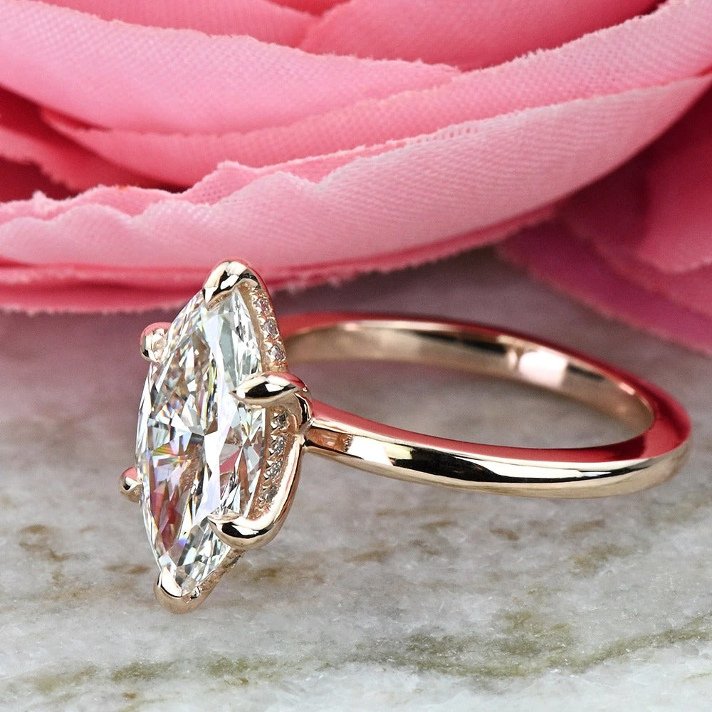 1 Carat Lab Grown Marquise Diamond Hidden Halo Engagement Ring 14K Rose Gold