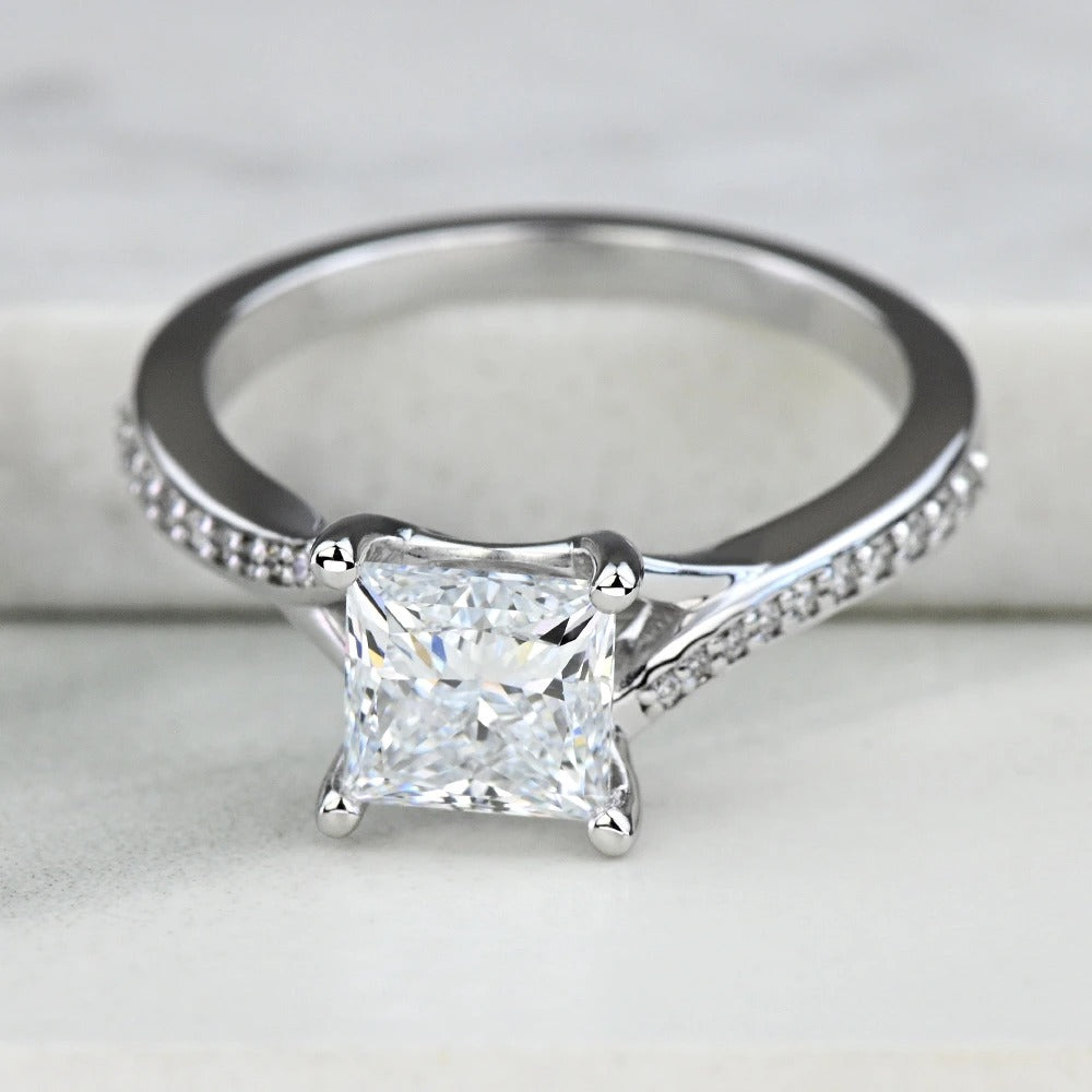 1 Carat Lab Grown Princess Diamond Pave Engagement Ring