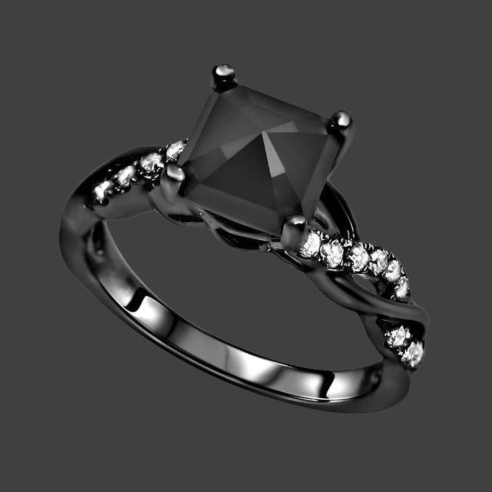 1.50ct Black Princess Cut Diamond Engagement Ring 14K Solid Black Gold