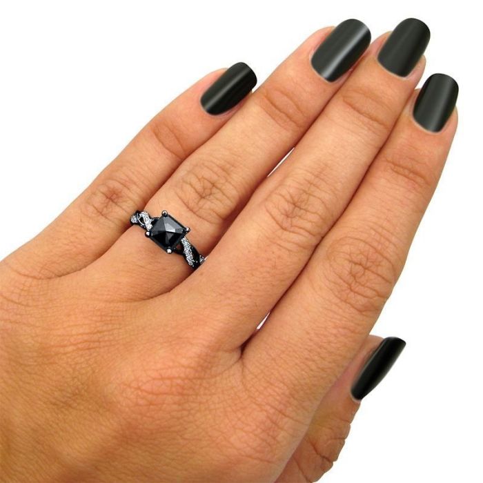 1.50ct Black Princess Cut Diamond Engagement Ring 14K Solid Black Gold