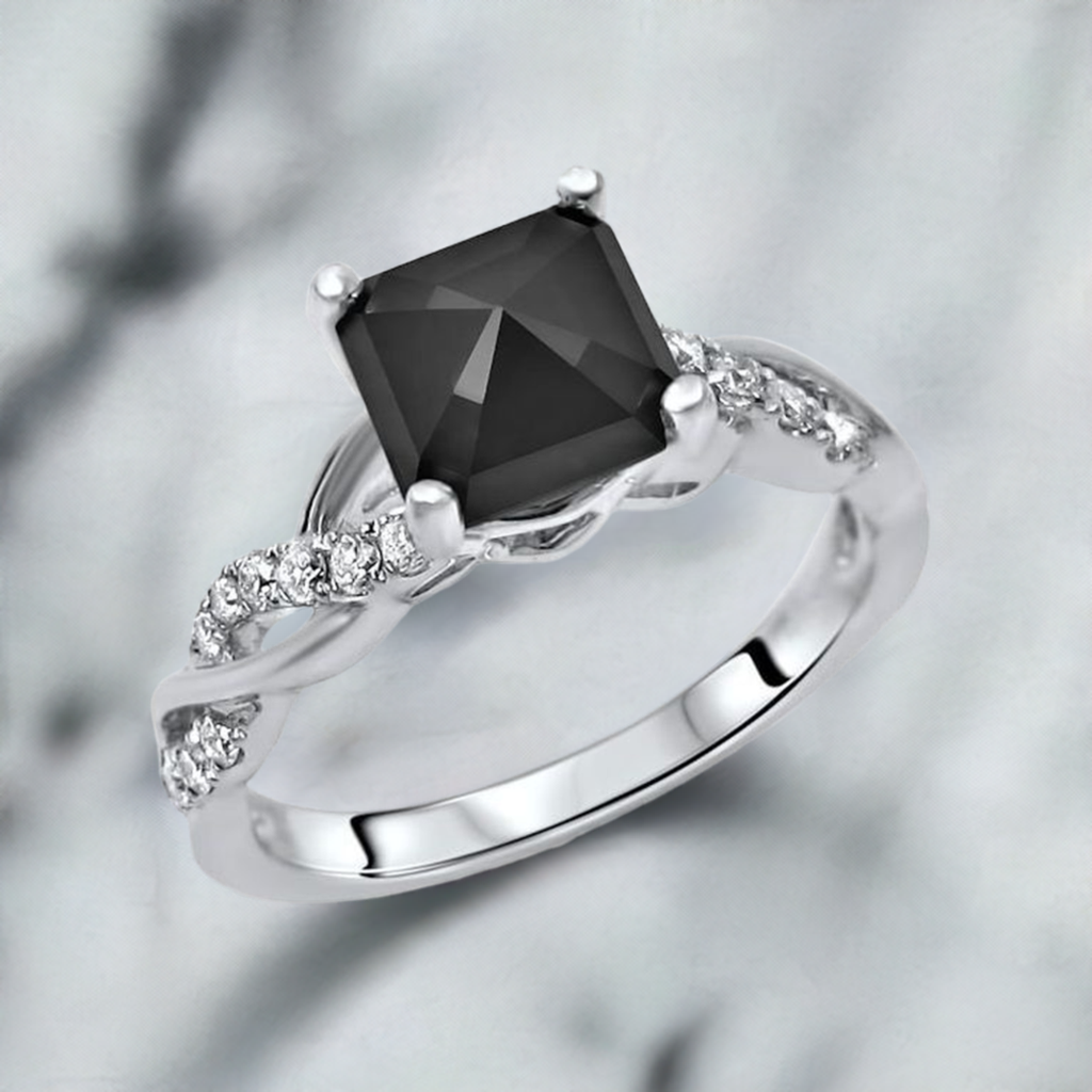 1.50ct Black Princess Cut Diamond Engagement Ring 14K white Gold