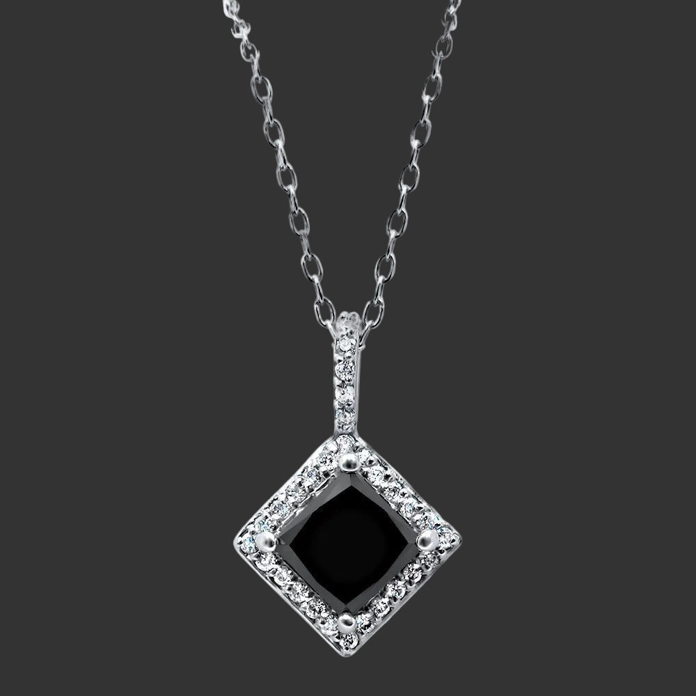 Necklace with a black square pendant and diamond accents on a white background