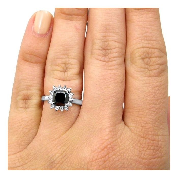 1.80 Carat Black Cushion Cut Diamond Engagement Ring 14K Solid White Gold