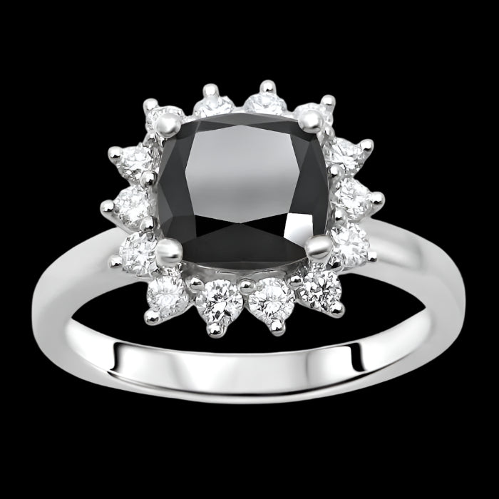 1.80 Carat Black Cushion Cut Diamond Engagement Ring 14K Solid White Gold