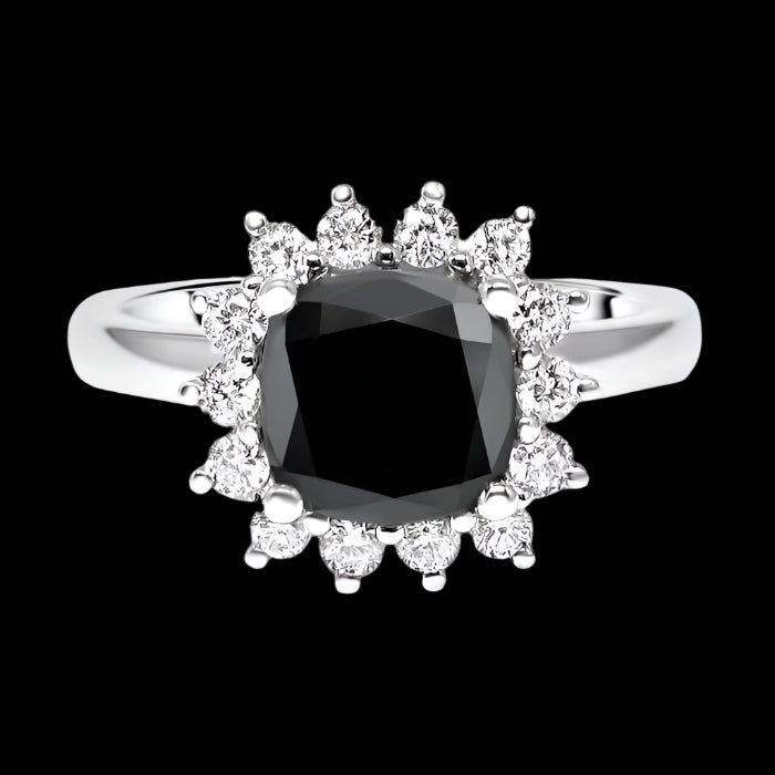 1.80 Carat Black Cushion Cut Diamond Engagement Ring 14K Solid White Gold