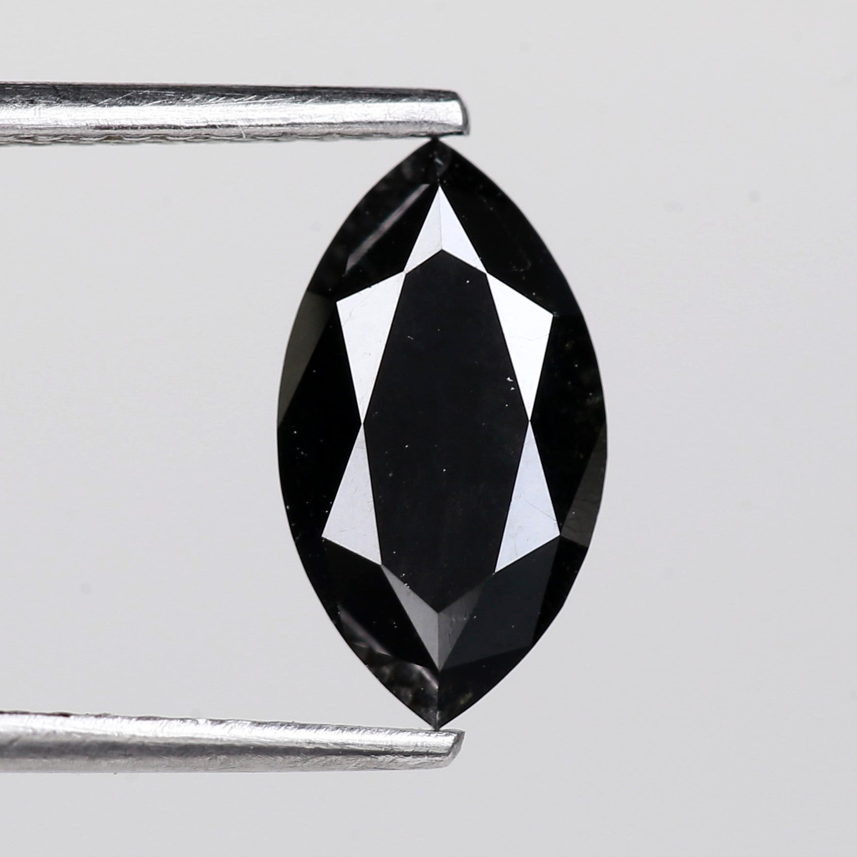Faceted black black held between two metal prongs against a light gray background