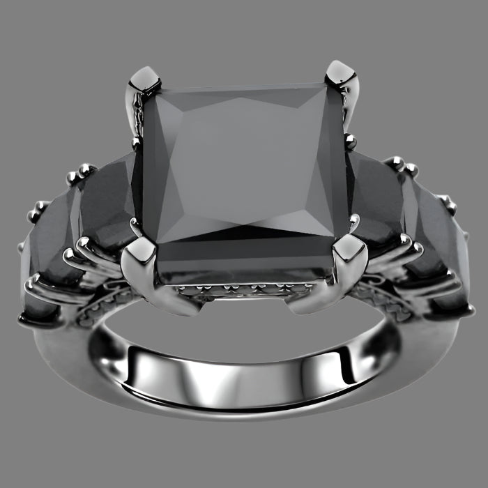 10 Carat Natural Black Princess Cut Diamond Engagement Ring 14K Black Gold