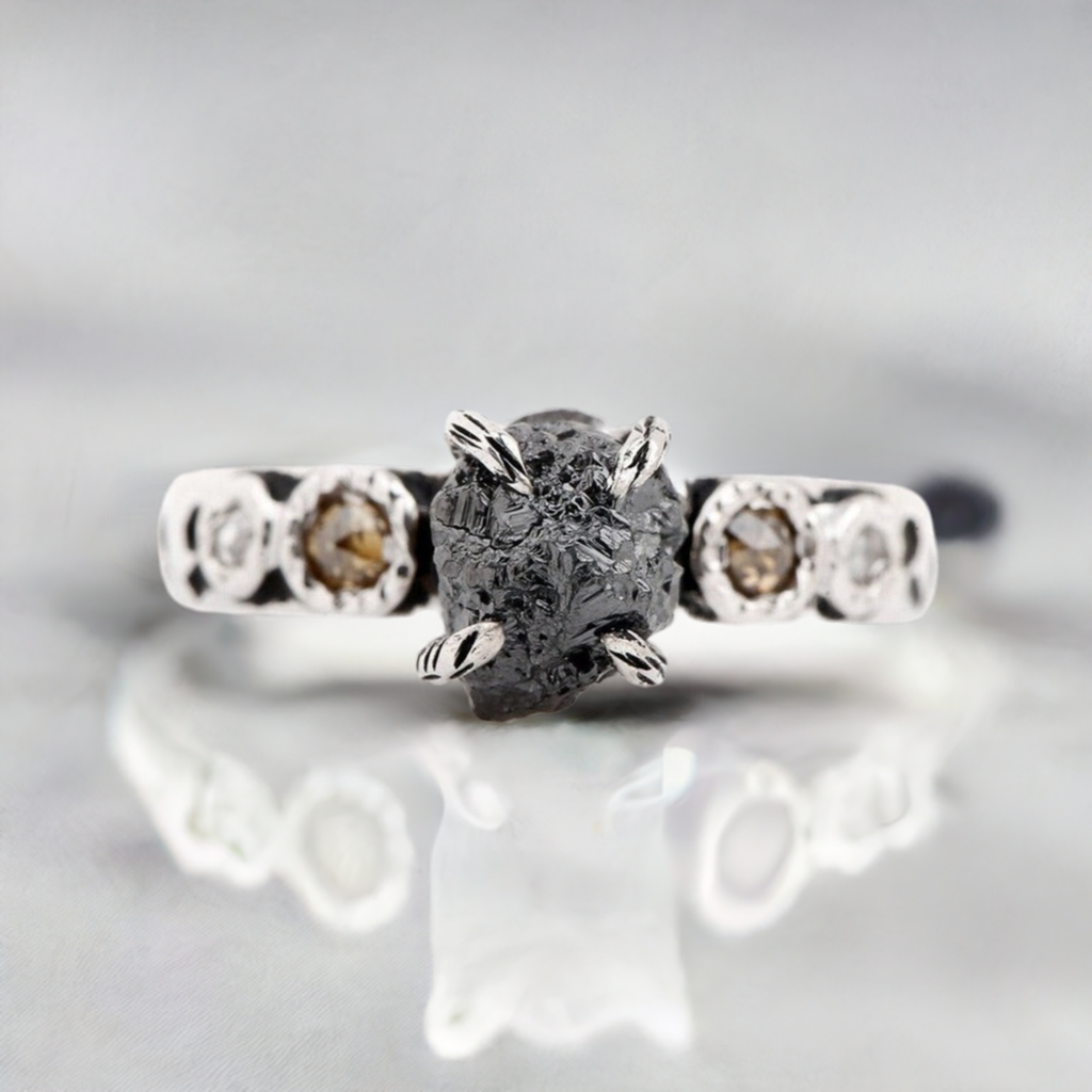 14K Gold Rough Black Diamond Engagement Ring, Raw & Yellow Rose Cut Engagement Ring Promise Ring