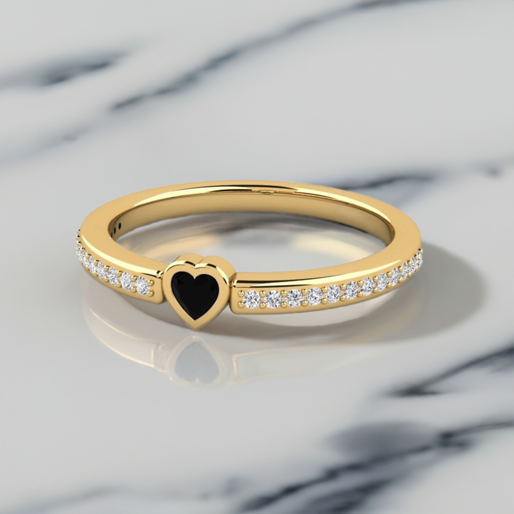 14K Solid Gold Black Natural Diamond Heart Engagement Ring