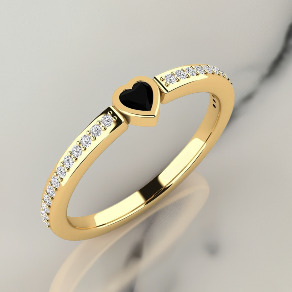 14K Solid Gold Black Natural Diamond Heart Engagement Ring 5