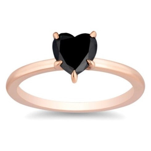 1 Carat Natural Diamond Solitaire Ring Black Diamond Heart Shape 14K Rose Gold Engagement Ring