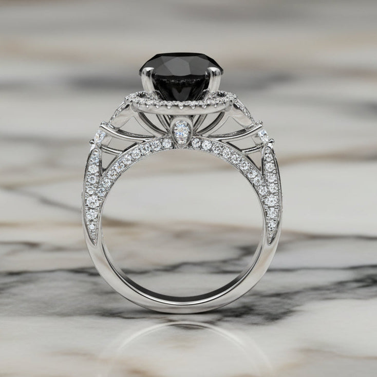 3.53ct Round Black Diamond Halo Engagement Ring 18k White Gold