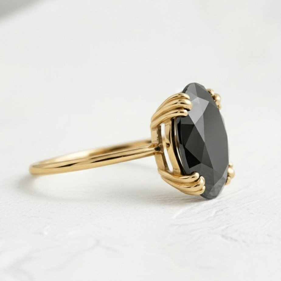 5 Carat Black Oval Cut Solitaire Diamond Engagement Ring 14K Yellow Gold
