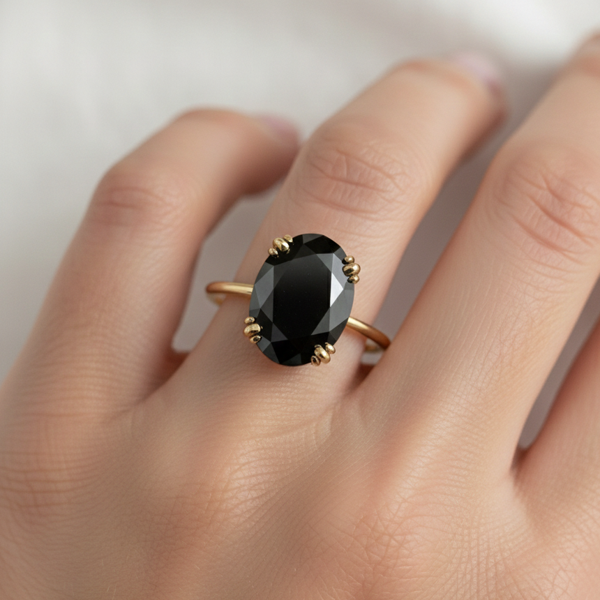5 Carat Black Oval Cut Solitaire Diamond Engagement Ring 14K Yellow Gold