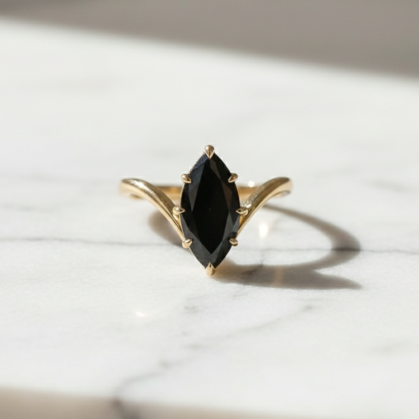 3 Carat Marquise Black Diamond Engagement Ring V Shank 14K Solid Yellow Gold