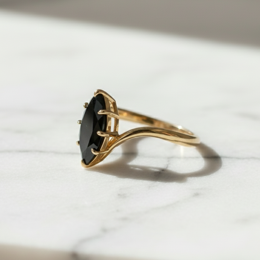 3 Carat Marquise Black Diamond Engagement Ring V Shank 14K Solid Yellow Gold