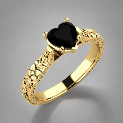 Black Diamond Heart Ring Anna 14K Yellow Gold