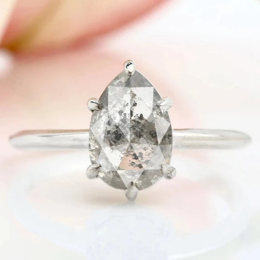 pear rose cut salt and pepper engagement ring