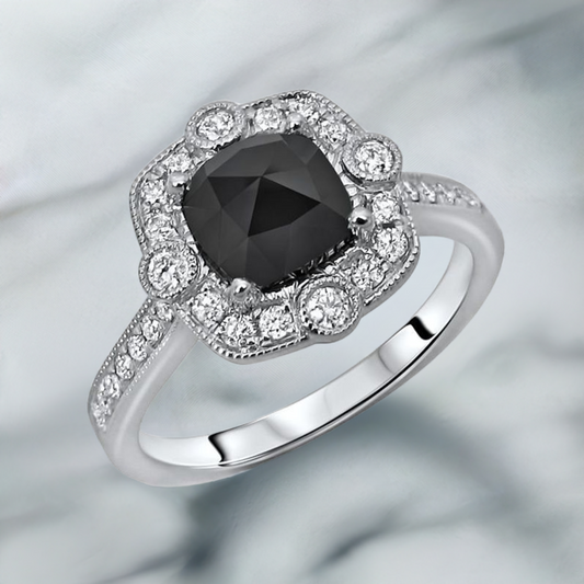 1ct Cushion Cut Black Diamond Engagement Ring 14K Solid White Gold