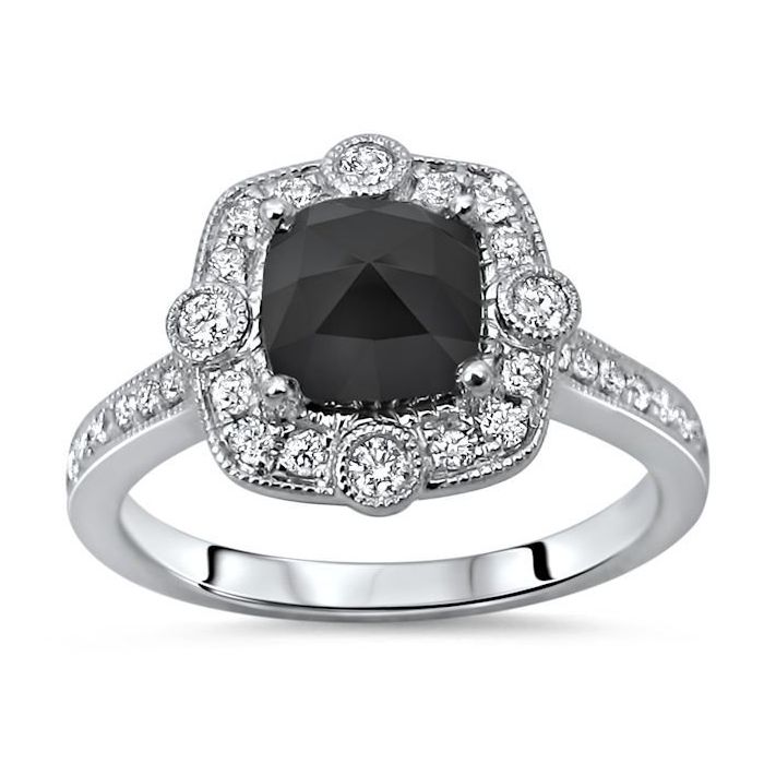1ct Cushion Cut Black Diamond Engagement Ring 14K Solid White Gold