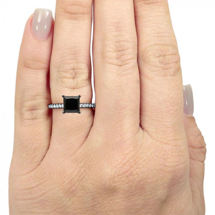 2.11ct Black Princess Cut Diamond Hidden Halo Engagement Ring 14k Black Gold 7