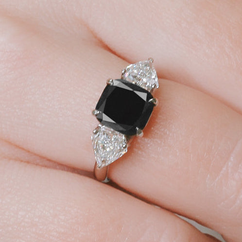 2.30 Carat Three Stone Natural Black Diamond Cushion Engagement Ring