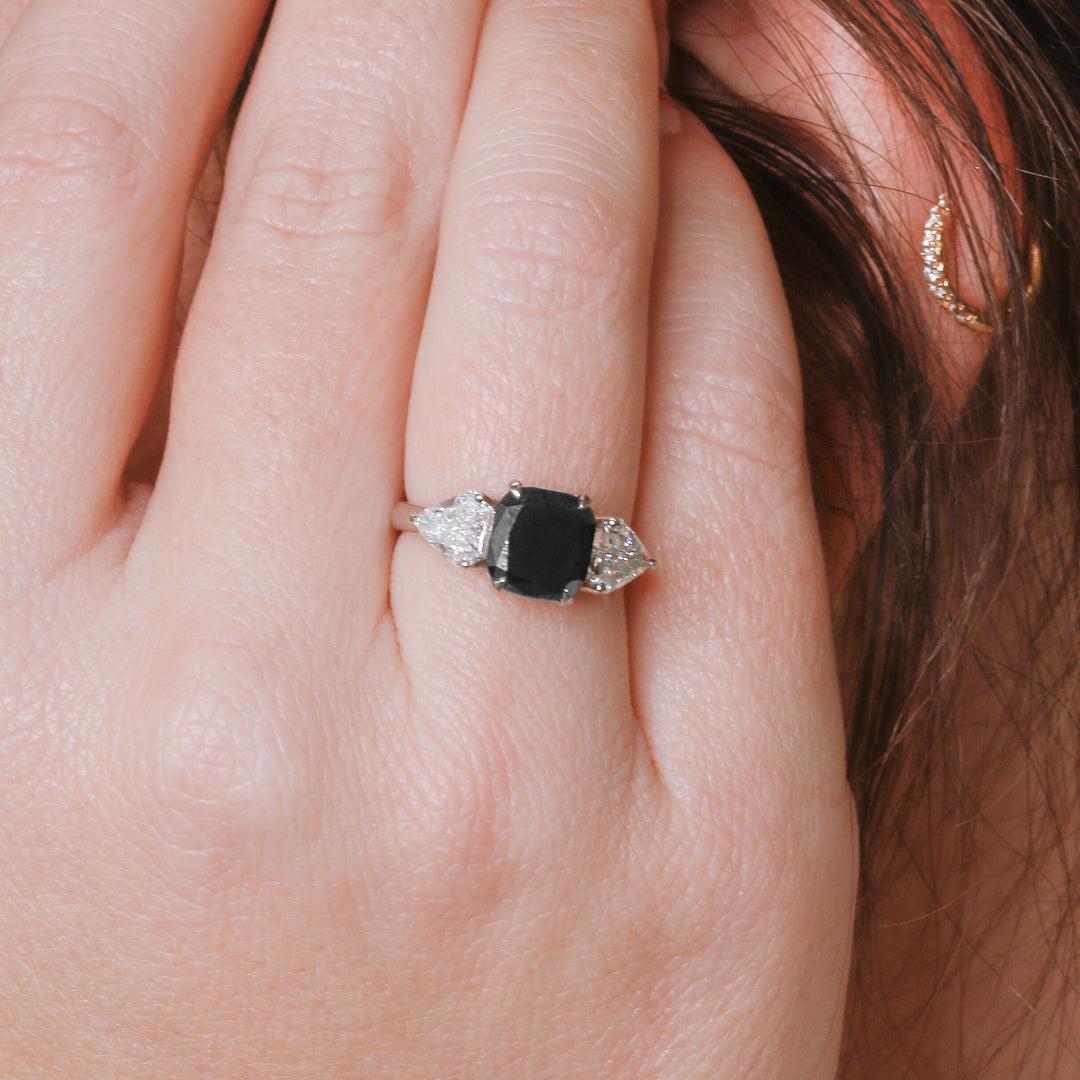 2.30 Carat Three Stone Natural Black Diamond Cushion Engagement Ring