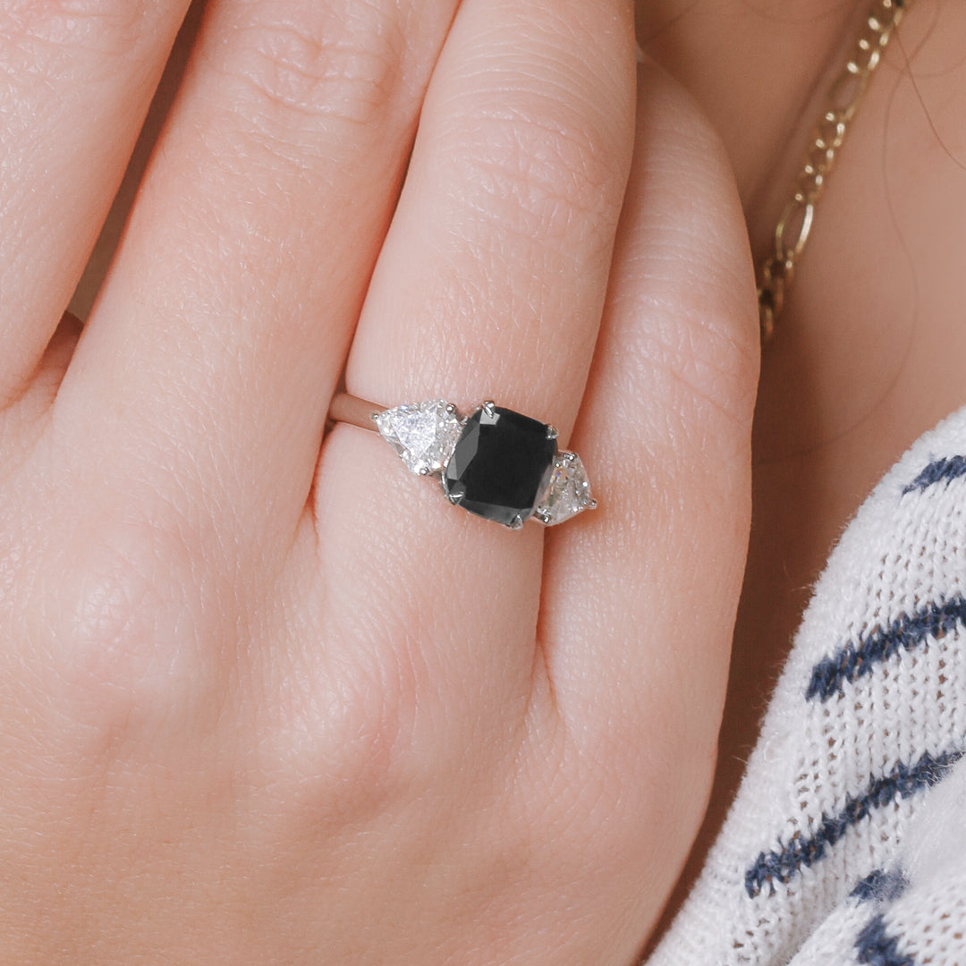 2.30 Carat Three Stone Natural Black Diamond Cushion Engagement Ring