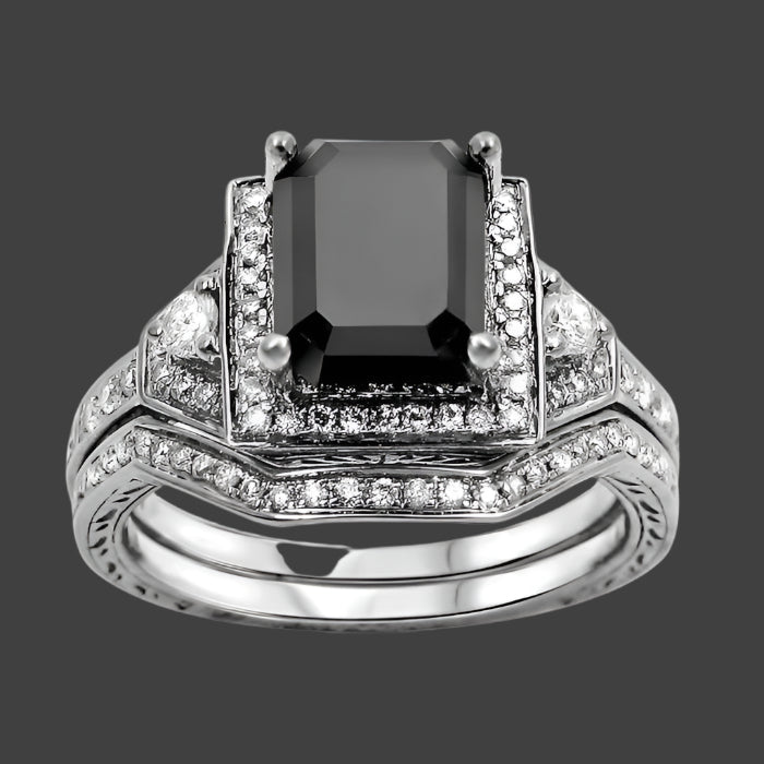 2.45ct Black Emerald Cut Diamond Engagement Ring Bridal Set 14k White Gold