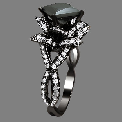 Princess Cut Black Lotus Flower Diamond Engagement Ring 14K Black Gold