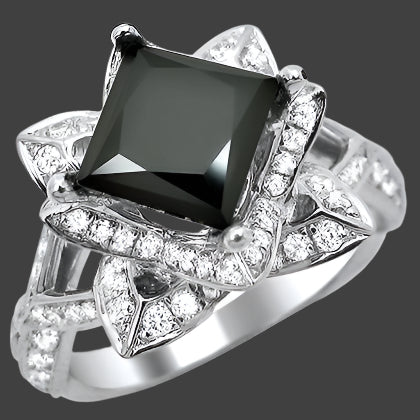 3ct Black Princess Cut Lotus Flower Diamond Engagement Ring 14k White Gold