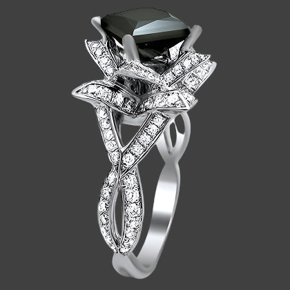 2.50 Carat Black Princess Cut Lotus Flower Diamond Engagement Ring 14k White Gold