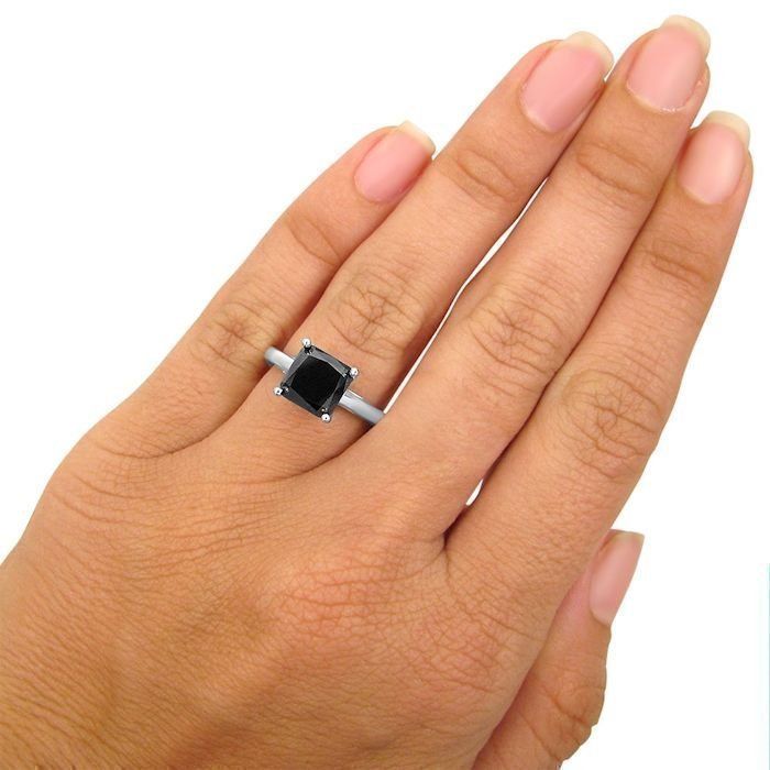 2.50ct Black Cushion Cut Diamond Solitaire Engagement Ring 14K White Gold