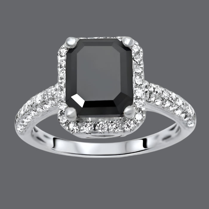 2.50ct Emerald Cut Black Diamond Pave Halo Engagement Ring 18K White Gold