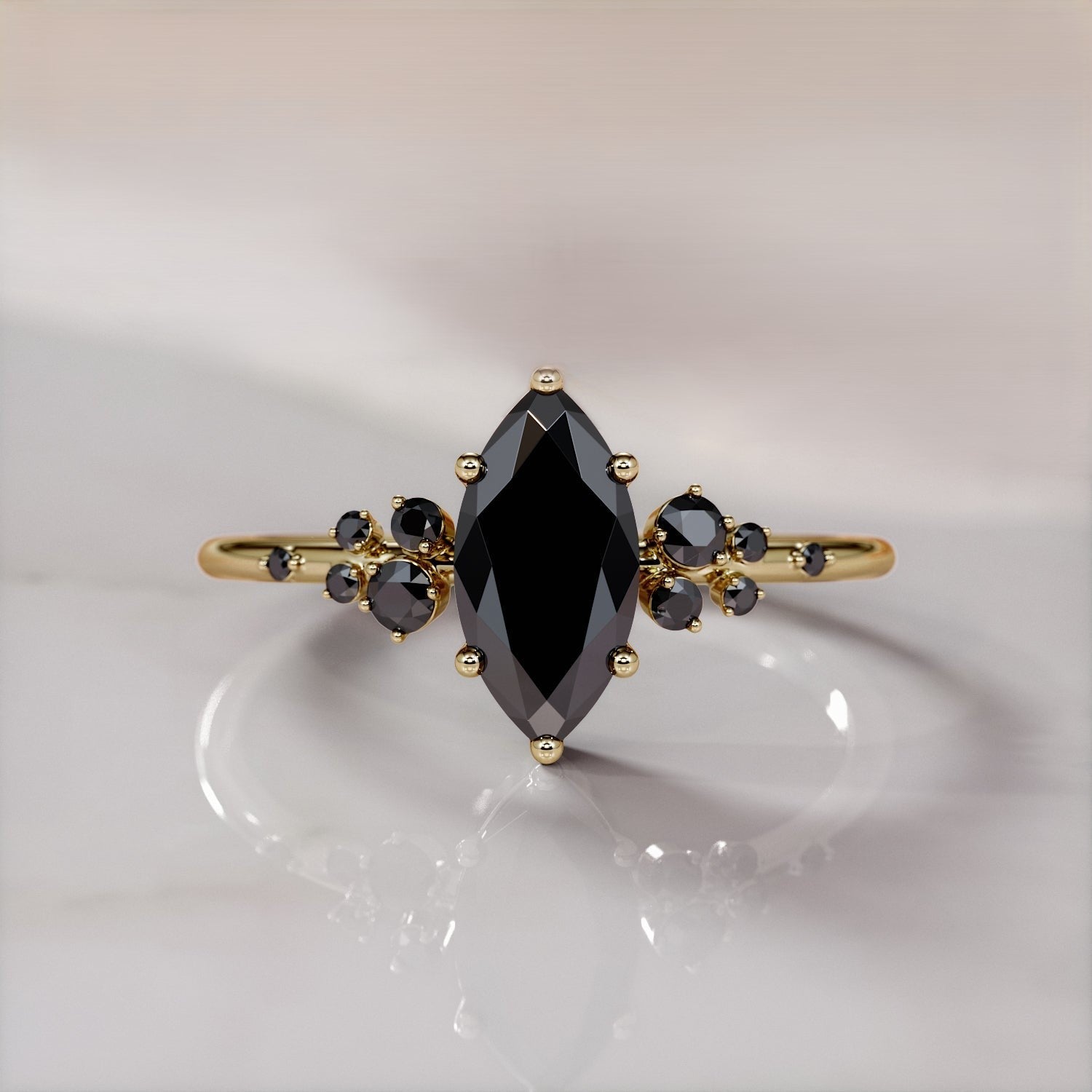 Marquise Black Diamond Engagement Ring Pave 14K Yellow Gold