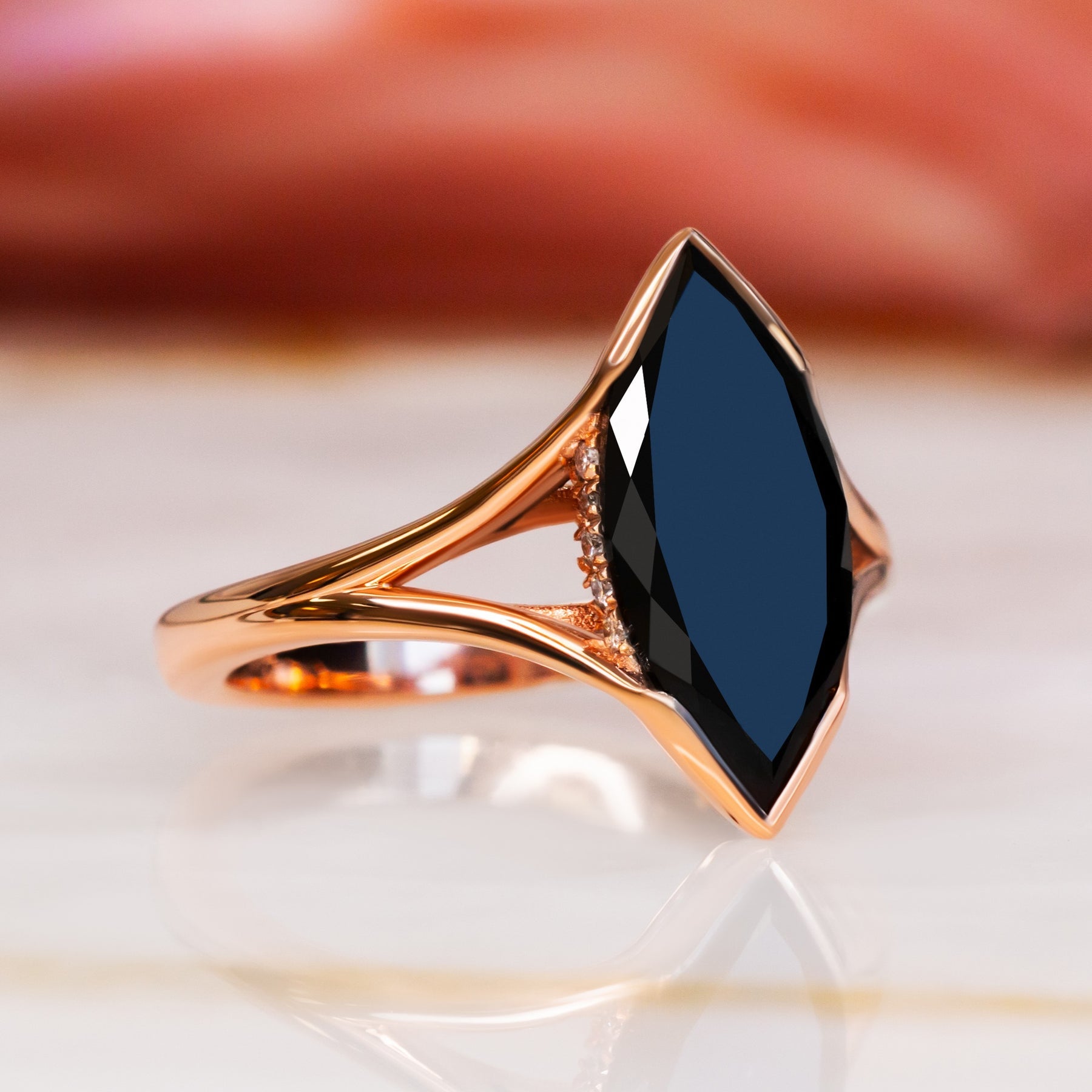 Marquise Black Diamond Engagement Ring Split Shank 14K Solid Rose Gold 5