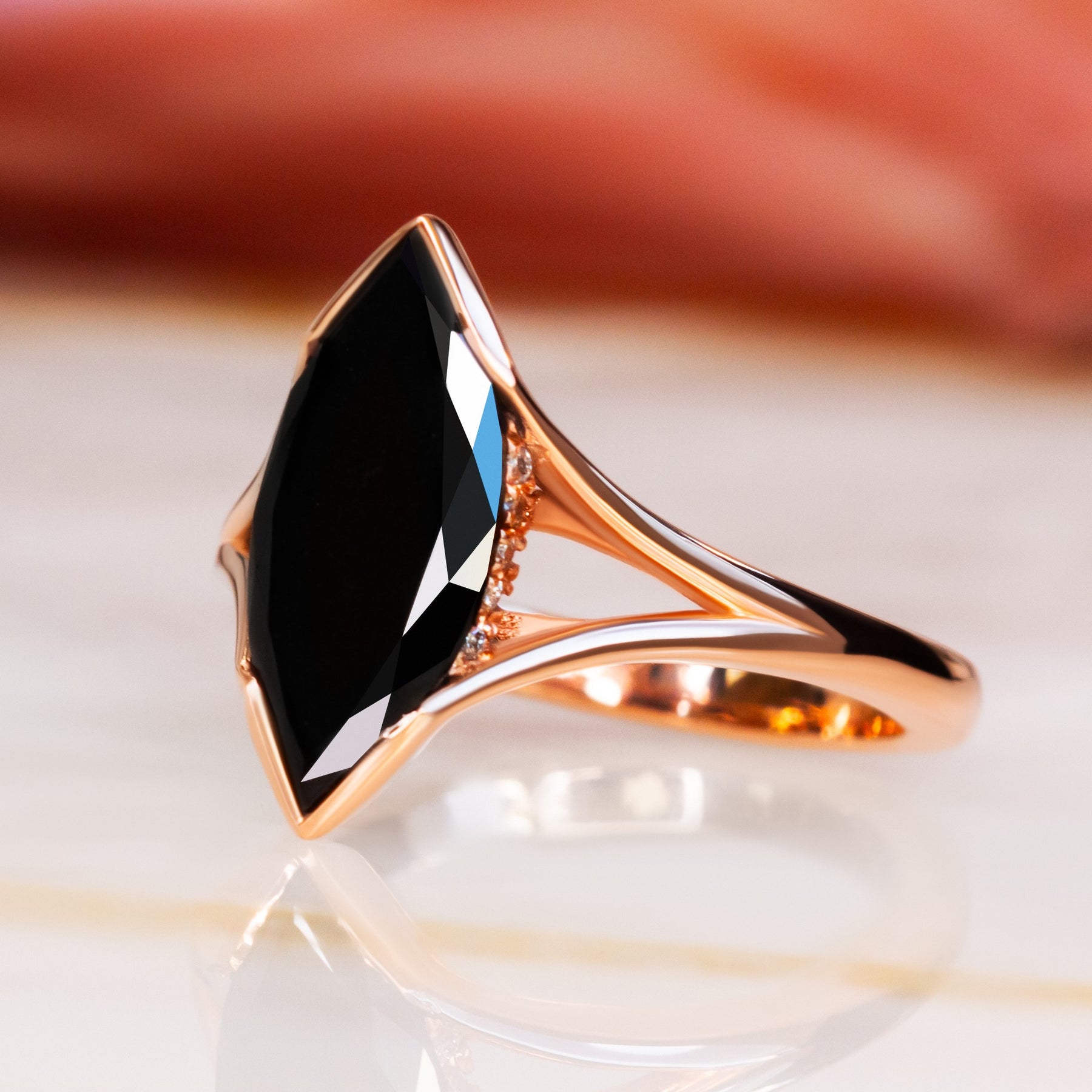 Marquise Black Diamond Engagement Ring Split Shank 14K Solid Rose Gold 7