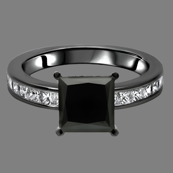 2.70 Carat Black Princess Cut Hidden Halo Diamond Engagement Ring 14K Black Gold