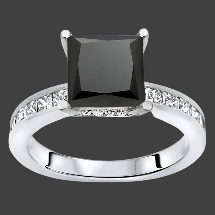 2.70ct Black Princess Cut Hidden Halo Diamond Engagement Ring 14k White Gold